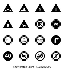 Solid vector icon set - drawbridge vector road sign, steep roadside, intersection, narrows, cow, no moto, speed limit 110, tax peage, customs, only right, minimal, end, parking even