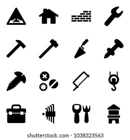 Solid vector icon set - drawbridge vector road sign, home, brick wall, wrench, hammer, sledgehammer, trowel, nail dowel, screw, rivet, metal hacksaw, winch, tool box, allen key set, shovel fork toy