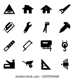 Solid vector icon set - drawbridge vector road sign, home, saw, trowel, wrench, plumber, screw, drill, metal hacksaw, jig, winch, stapler, wheelbarrow, corner ruler, allen key set