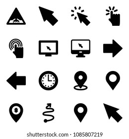 Solid vector icon set - drawbridge vector road sign, cursor, hand touch, monitor, right arrow, left, time, map pin, atm, trip, navigation