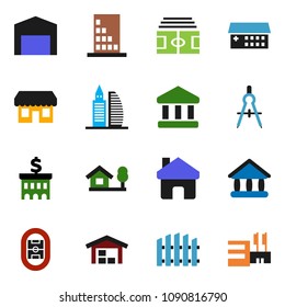 solid vector icon set - drawing compass vector, university, bank, building, stadium, hospital, home, chalet, barn, fence, office, store, mall