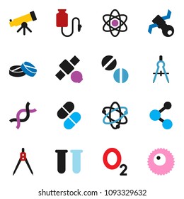 solid vector icon set - drawing compass vector, atom, telescope, molecule, oxygen, satellite, vial, dna, pills, drop counter, ovule