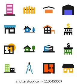 solid vector icon set - drawing compass vector, bank building, dry cargo, cottage, chalet, barn, fence, plan, apartments, office, store