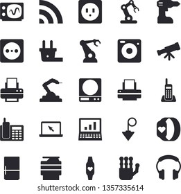 Solid vector icon set - drill screwdriver flat vector, sockets, construction plummet, weighing machine, fridge, socket, plug, robotics, telephone, printer, copy, laptop, robot hand, computer, camera