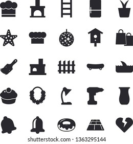 Solid vector icon set - drill screwdriver flat vector, paint brush, fence, flooring, cook hat, fridge, jugful, cupcake, donut, nesting box, home plant, ladder, fireplace, bags, reading lamp, shark