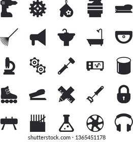 Solid vector icon set - drill screwdriver flat vector, sink, shower, measure, potholder, whisk, meat hammer, rake, ventilation, cogwheel, fabric manufacture, pipe production, copy machine, stapler
