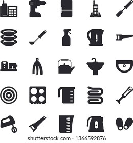 Solid vector icon set - drill screwdriver flat vector, saw, sink, measuring cup, teapot, electric kettle, ladle, kitchen spatula, towel, stove, induction cooker, mixer, blender, fridge, plates