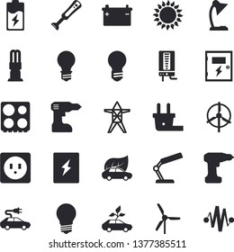 Solid vector icon set - drill screwdriver flat vector, sockets, switch box, boiler, electric stove, gas, blender, battery, accumulator, lamp, plug socket, power line support, energy saving, eco cars