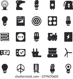 Solid vector icon set - drill screwdriver flat vector, energy saving lamp, switch box, warm floor, boiler, electric kettle, stove, induction cooker, double, socket, plug, bulb, fector, oscilloscope