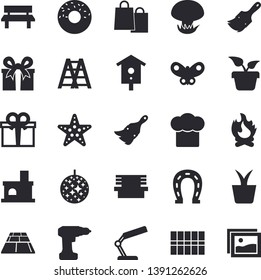 Solid vector icon set - drill screwdriver flat vector, ladder, paint brush, tile, flooring, cook hat, donut, mushroom, nesting box, home plant, horseshoe, butterflies, bonfire, bench, fireplace