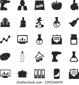 Solid vector icon set - drill screwdriver flat vector, paint brush, saucepan, potato, tomato, fish rolls, lemonade, seeds, chemistry, person, scatter chart, disabled, medical analysis, computer