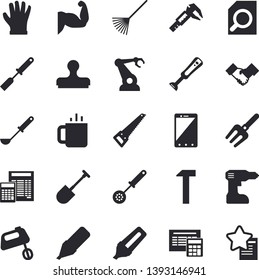 Solid vector icon set - drill screwdriver flat vector, saw, calculator, hammer, ladle, kitchen spatula, spoon, mixer, blender, tea, pitchfork, shovel, rake, gloves, trammel, robotics, marker, stamp