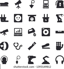 Solid vector icon set - drill screwdriver flat vector, level meter, sockets, construction plummet, weighing machine, electric kettle, mixer, plug socket, robotics, stethoscope, tomograph, stapler