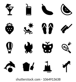 Solid vector icon set - drink vector, banana, watermelone, strawberry, beach, flip flops, suitcase, air balloon, fire, butterfly, badminton, dolphin, bucket scoop, sand castle, toy windmill