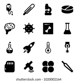 Solid vector icon set - drop counter vector, thermometer, lab, pill, brain, virus, x ray, flask, round, rocket, laser, micro flash card, satellite, atom core, forceps
