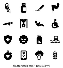 Solid vector icon set - drop counter vector, pills bottle, scalpel, power hand, push ups, pull, abdominal muscles, disabled, virus, pool, stopwatch heart, mobile monitor, broccoli, spica