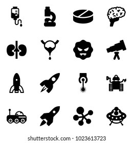 Solid vector icon set - drop counter vector, lab, pill, brain, kidneys, bladder, virus, telescope, rocket, laser, robot, moon rover, molecule, ufo toy
