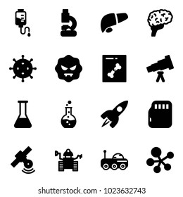 Solid vector icon set - drop counter vector, lab, liver, brain, virus, x ray, telescope, flask, round, rocket, micro flash card, satellite, robot, moon rover, molecule