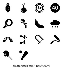 Solid vector icon set - drop counter vector, onion, limited width road sign, minimal speed limit, magnifier, world, banana, rain cloud, rainbow, bezier, fretsaw, paint roller, horse stick toy