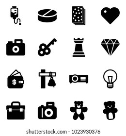 Solid vector icon set - drop counter vector, pill, breads, heart, camera, key, chess tower, diamond, finance management, ship bell, projector, bulb, tool box, bear toy