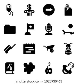 Solid vector icon set - drop counter vector, bank, only right road sign, attachment, folder, flag, microphone, lounger, suitcase, terms plan, wheelbarrow, pyramid toy, abc book, puzzle, yoyo