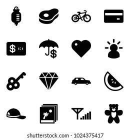 Solid vector icon set - drop counter vector, meat, bike, credit card, insurance, heart, idea, key, diamond, limousine, watermelone, cap, photo, fine signal, bear toy