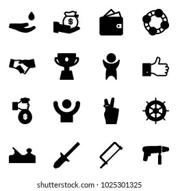 Solid vector icon set - drop hand vector, investment, wallet, friends, agreement, cup, success, finger up, rich, victory, wheel, jointer, clinch, metal hacksaw, drill machine