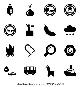 Solid vector icon set - drop counter vector, onion, no trailer road sign, dangerous cargo, cart horse, win, banana, rain cloud, fire, fretsaw, magnifier, nut, constructor blocks, toy bus, giraffe