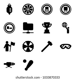 Solid vector icon set - drop counter vector, lemon slice, no dangerous cargo road sign, truck overtake, network folder, win cup, world, parasol, sledgehammer, protective glasses, pipe welding