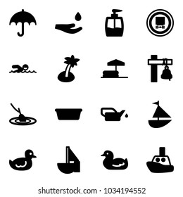 Solid vector icon set -  drop hand, liquid soap, no dangerous cargo road sign, swimming, palm, inflatable pool, ship bell, fishing, basin, oiler, sailboat toy, duck, boat