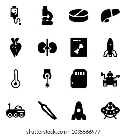 Solid vector icon set - drop counter vector, lab, pill, liver, heart, kidneys, x ray, rocket, thermometer, laser, micro flash card, robot, moon rover, forceps, ufo toy