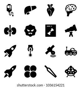 Solid vector icon set - drop counter vector, liver, heart, brain, kidneys, virus, x ray, telescope, rocket, laser, satellite, moon rover, atom core, forceps, ufo toy