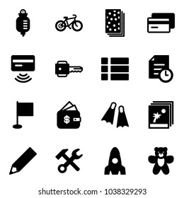Solid vector icon set - drop counter vector, bike, breads, credit card, tap pay, key, menu, history, flag, finance management, flippers, photo, pencil, wrench hammer, rocket, bear toy