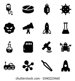 Solid vector icon set - drop counter vector, pill, virus, telescope, rocket, flask, round, micro flash card, satellite, robot, moon rover, molecule, forceps