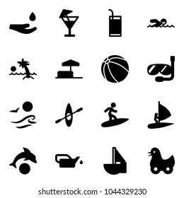 Solid vector icon set - drop hand vector, drink, swimming, palm, inflatable pool, ball, diving, waves, kayak, surfing, windsurfing, dolphin, oiler, sailboat toy, duck