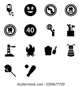 Solid vector icon set - drop counter vector, dollar smile, no left turn road sign, dangerous cargo, minimal speed limit, world, win, lighthouse, fire, bucket scoop, pyramid toy, horse stick