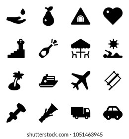 Solid vector icon set - drop hand vector, pear, tunnel road sign, heart, success, fizz opening, outdoor cafe, reading, palm, cruiser, plane, bucksaw, nail dowel, truck toy, car