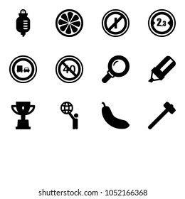 Solid vector icon set - drop counter vector, lemon slice, no parkin odd, limited width road sign, truck overtake, end minimal speed limit, magnifier, highlight marker, win cup, world, banana