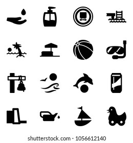 Solid vector icon set - drop hand vector, liquid soap, no dangerous cargo road sign, pool, palm, inflatable, ball, diving, ship bell, waves, dolphin, drink, water power plant, oiler, sailboat toy