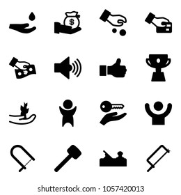 Solid vector icon set - drop hand vector, investment, card pay, cash, volume max, like, cup, sproute, success, key, fretsaw, rubber hammer, jointer, metal hacksaw
