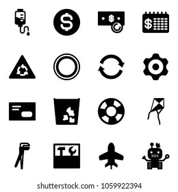 Solid vector icon set - drop counter vector, dollar coin, cash, finance calendar, round motion road sign, prohibition, refresh, gear, envelope, garbage, lifebuoy, kite, plumber, tool box, toy plane