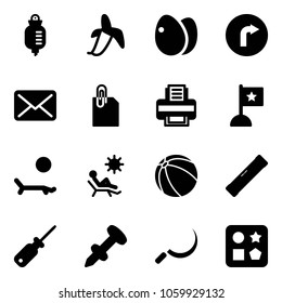 Solid vector icon set - drop counter vector, banana, eggs, only right road sign, mail, attachment, printer, flag, lounger, beach, ball, level, screwdriver, nail dowel, sickle, cube hole toy