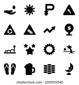 Solid vector icon set - drop hand vector, sun, ruble, turn left road sign, round motion, multi lane traffic, growth arrow, money tree, stars, palm, flip flops, beer, carbon, moon lamp