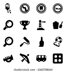 Solid vector icon set - drop counter vector, no left turn road sign, dangerous cargo, cart horse, magnifier, gold cup, lighthouse, bucket scoop, paint roller, brush, teethers, horn toy, bow, bus