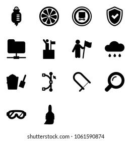 Solid vector icon set - drop counter vector, lemon slice, no dangerous cargo road sign, shield check, network folder, win, rain cloud, bucket scoop, bezier, fretsaw, magnifier, protective glasses
