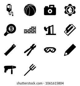 Solid vector icon set - drop counter vector, basketball ball, camera, gear globe, search money, brick wall, oil derrick, trowel, ruler, bolt cutter, protective glasses, pencil, drill machine