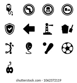 Solid vector icon set - drop counter vector, no left turn road sign, dangerous cargo, truck overtake, shield check, arrow, lighthouse, bucket scoop, bezier, balloon smile, baseball bat, soccer ball