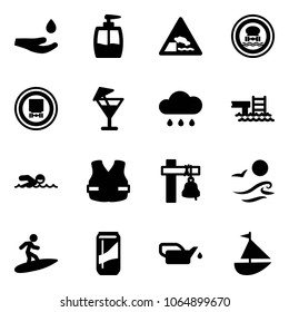 Solid vector icon set - drop hand vector, liquid soap, embankment road sign, no dangerous cargo, drink, rain cloud, pool, swimming, life vest, ship bell, waves, surfing, oiler, sailboat toy