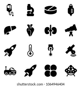 Solid vector icon set - drop counter vector, lab, pill, liver, heart, kidneys, telescope, rocket, thermometer, laser, satellite, moon rover, atom core, ufo toy