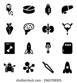 Solid vector icon set - drop counter vector, pill, liver, heart, brain, kidneys, bladder, x ray, rocket, laser, micro flash card, robot, molecule, forceps